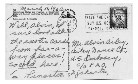 Postcard from Langston Hughes to Alvin Ailey, courtesy of the Ailey Archives.
